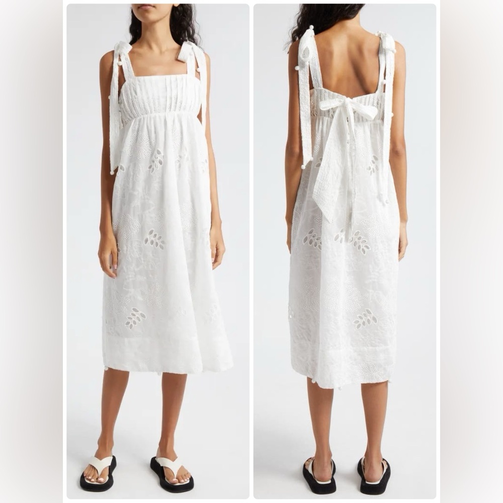 NWOT FARM Rio White Eyelet Embroidered Midi Dress Size M Floral Cotton Boho